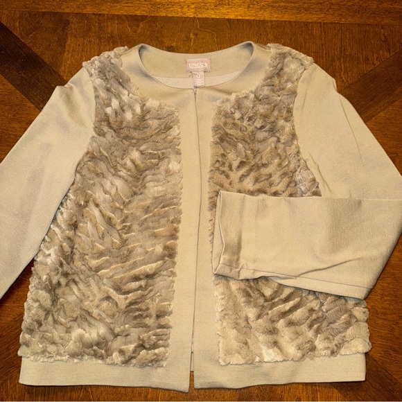Chicos Size 0 Faux Fur Ponte Taupe Tan Jacket Cardigan Paneled Solid Small 4 - Picture 1 of 10